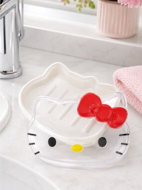 Hello Kitty Two-Piece Soap Dish Clear Face Red Bow Bath Accessory